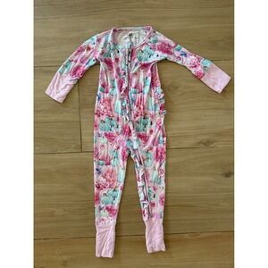 Bums & Roses Pink Floral Teal Pumpkin Bamboo Viscose Ruffle Romper 2T Toddler